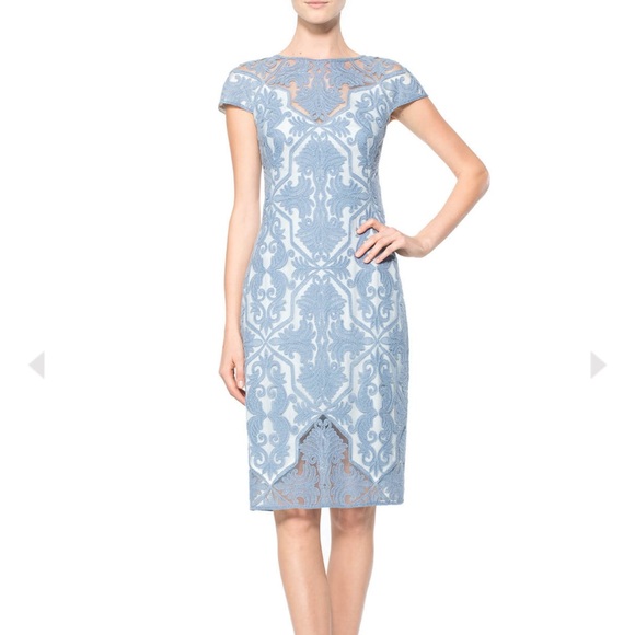 Tadashi Shoji BLUE STONE COTTON EMBROIDERED TULLE CAP SLEEVE DRESS - Picture 11 of 11